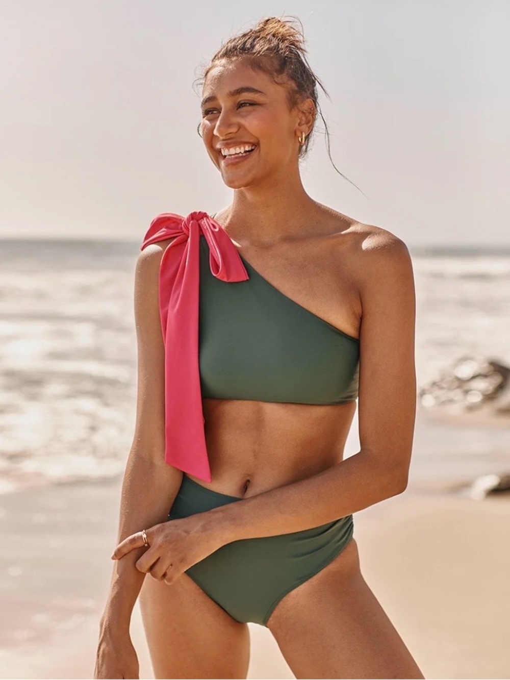 Summersalt The Bow Shoulder Ruched Bikini Top, and Ruched High Leg Bottoms